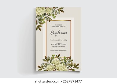 WEDDING INVITATION FRAME WITH FLOWER DECORATIONS AND FRESH LEAVES