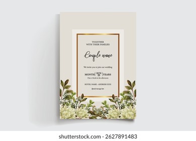 WEDDING INVITATION FRAME WITH FLOWER DECORATIONS AND FRESH LEAVES