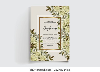 WEDDING INVITATION FRAME WITH FLOWER DECORATIONS AND FRESH LEAVES