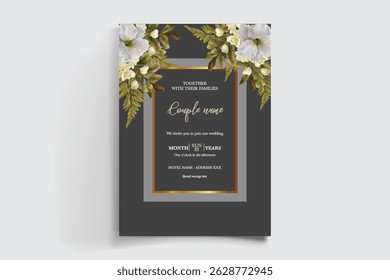 WEDDING INVITATION FRAME WITH FLOWER DECORATIONS AND FRESH LEAVES