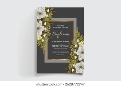 WEDDING INVITATION FRAME WITH FLOWER DECORATIONS AND FRESH LEAVES
