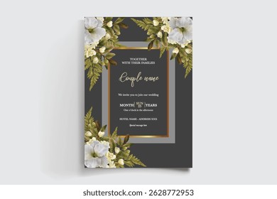 WEDDING INVITATION FRAME WITH FLOWER DECORATIONS AND FRESH LEAVES