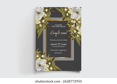 WEDDING INVITATION FRAME WITH FLOWER DECORATIONS AND FRESH LEAVES
