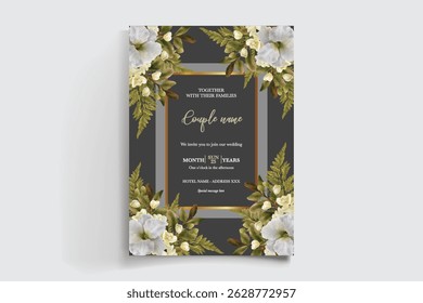 WEDDING INVITATION FRAME WITH FLOWER DECORATIONS AND FRESH LEAVES