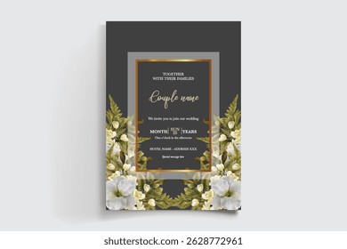 WEDDING INVITATION FRAME WITH FLOWER DECORATIONS AND FRESH LEAVES