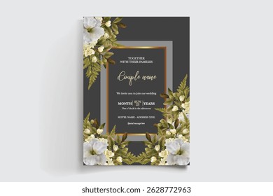 WEDDING INVITATION FRAME WITH FLOWER DECORATIONS AND FRESH LEAVES