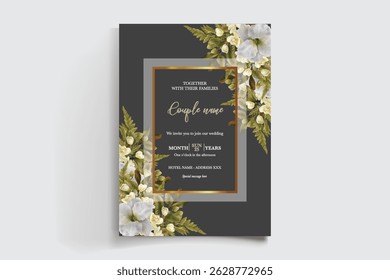 WEDDING INVITATION FRAME WITH FLOWER DECORATIONS AND FRESH LEAVES