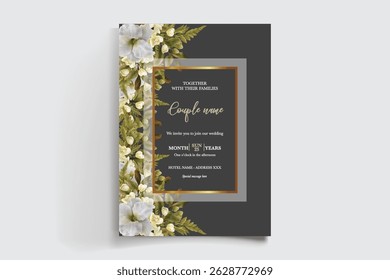 WEDDING INVITATION FRAME WITH FLOWER DECORATIONS AND FRESH LEAVES