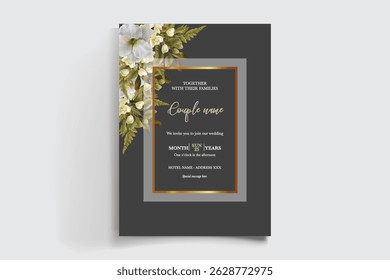 WEDDING INVITATION FRAME WITH FLOWER DECORATIONS AND FRESH LEAVES