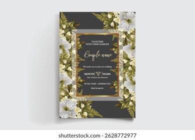 MARCO DE INVITACIÓN DE BODA CON DECORACIONES FLORALES Y HOJAS FRESCAS