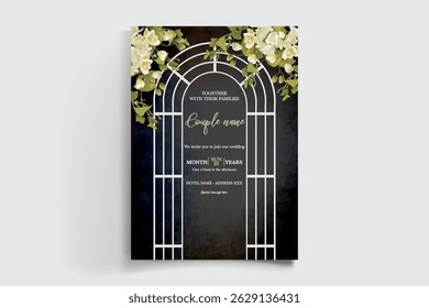 MARCO DE INVITACIÓN DE BODA CON DECORACIONES FLORALES Y HOJAS FRESCAS