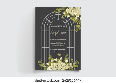 WEDDING INVITATION FRAME WITH FLOWER DECORATIONS AND FRESH LEAVES