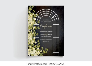 WEDDING INVITATION FRAME WITH FLOWER DECORATIONS AND FRESH LEAVES
