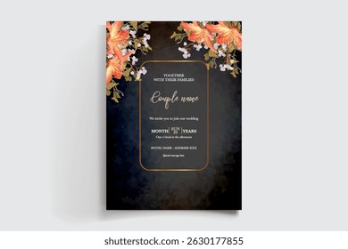 WEDDING INVITATION FRAME WITH FLOWER DECORATIONS AND FRESH LEAVES