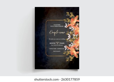 WEDDING INVITATION FRAME WITH FLOWER DECORATIONS AND FRESH LEAVES