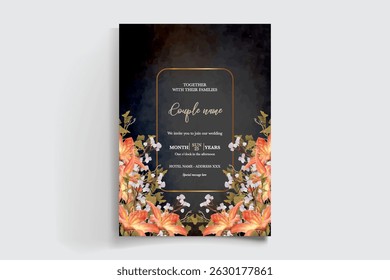 WEDDING INVITATION FRAME WITH FLOWER DECORATIONS AND FRESH LEAVES