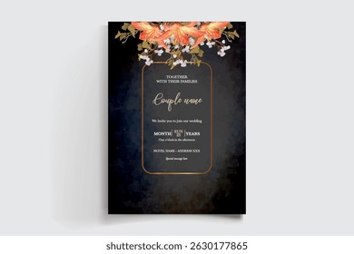 WEDDING INVITATION FRAME WITH FLOWER DECORATIONS AND FRESH LEAVES