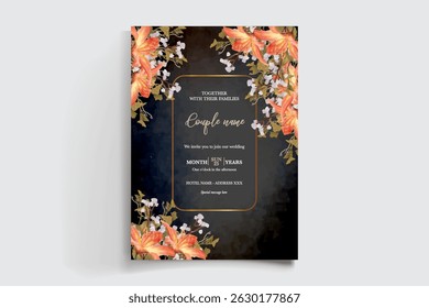 WEDDING INVITATION FRAME WITH FLOWER DECORATIONS AND FRESH LEAVES