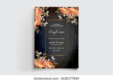 WEDDING INVITATION FRAME WITH FLOWER DECORATIONS AND FRESH LEAVES