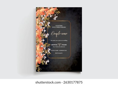 WEDDING INVITATION FRAME WITH FLOWER DECORATIONS AND FRESH LEAVES