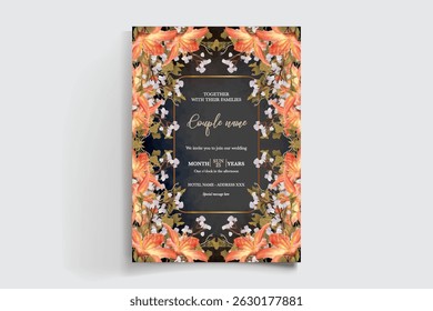 WEDDING INVITATION FRAME WITH FLOWER DECORATIONS AND FRESH LEAVES