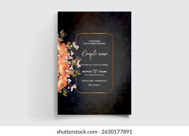 WEDDING INVITATION FRAME WITH FLOWER DECORATIONS AND FRESH LEAVES