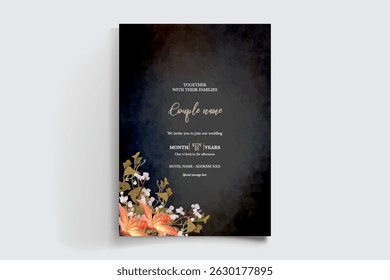 WEDDING INVITATION FRAME WITH FLOWER DECORATIONS AND FRESH LEAVES