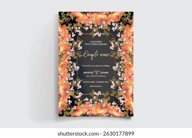 QUADRO DE CONVITE DE CASAMENTO COM DECORAÇÕES DE FLORES E FOLHAS FRESCAS