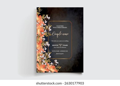 WEDDING INVITATION FRAME WITH FLOWER DECORATIONS AND FRESH LEAVES