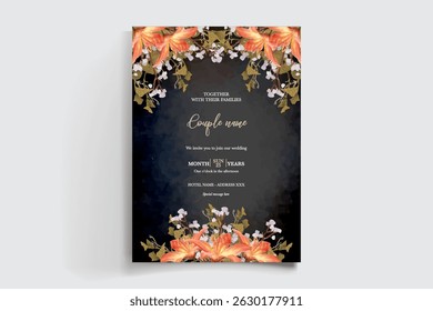WEDDING INVITATION FRAME WITH FLOWER DECORATIONS AND FRESH LEAVES