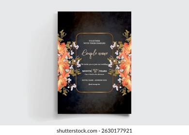 WEDDING INVITATION FRAME WITH FLOWER DECORATIONS AND FRESH LEAVES