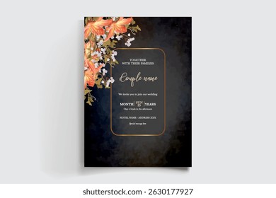 WEDDING INVITATION FRAME WITH FLOWER DECORATIONS AND FRESH LEAVES
