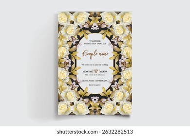 WEDDING INVITATION FRAME WITH FLOWER DECORATIONS AND FRESH LEAVES