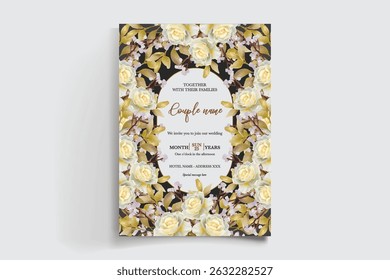 WEDDING INVITATION FRAME WITH FLOWER DECORATIONS AND FRESH LEAVES
