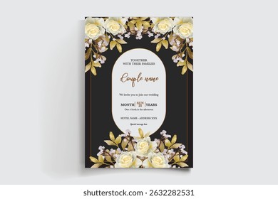 WEDDING INVITATION FRAME WITH FLOWER DECORATIONS AND FRESH LEAVES