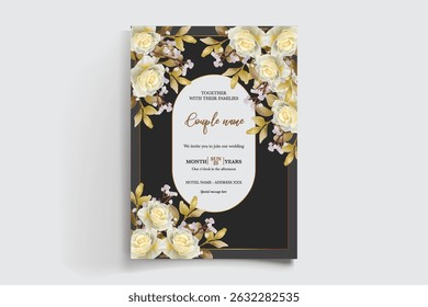 WEDDING INVITATION FRAME WITH FLOWER DECORATIONS AND FRESH LEAVES