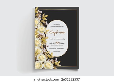WEDDING INVITATION FRAME WITH FLOWER DECORATIONS AND FRESH LEAVES