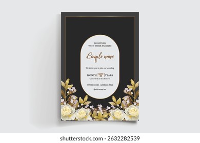WEDDING INVITATION FRAME WITH FLOWER DECORATIONS AND FRESH LEAVES