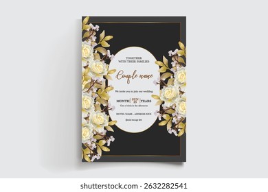 WEDDING INVITATION FRAME WITH FLOWER DECORATIONS AND FRESH LEAVES