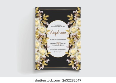 WEDDING INVITATION FRAME WITH FLOWER DECORATIONS AND FRESH LEAVES