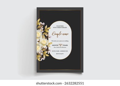 WEDDING INVITATION FRAME WITH FLOWER DECORATIONS AND FRESH LEAVES