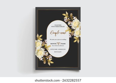 WEDDING INVITATION FRAME WITH FLOWER DECORATIONS AND FRESH LEAVES