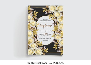 WEDDING INVITATION FRAME WITH FLOWER DECORATIONS AND FRESH LEAVES