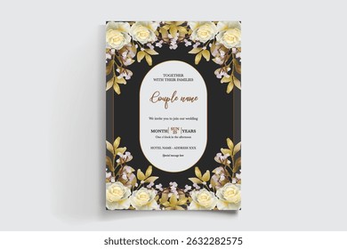WEDDING INVITATION FRAME WITH FLOWER DECORATIONS AND FRESH LEAVES