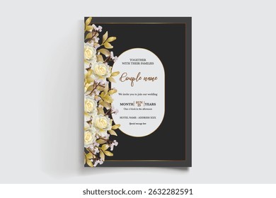 WEDDING INVITATION FRAME WITH FLOWER DECORATIONS AND FRESH LEAVES