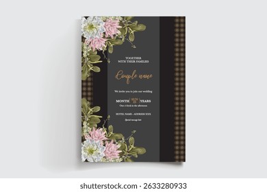 WEDDING INVITATION FRAME WITH FLOWER DECORATIONS AND FRESH LEAVES