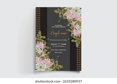 WEDDING INVITATION FRAME WITH FLOWER DECORATIONS AND FRESH LEAVES