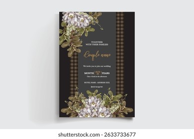 WEDDING INVITATION FRAME WITH FLOWER DECORATIONS AND FRESH LEAVES