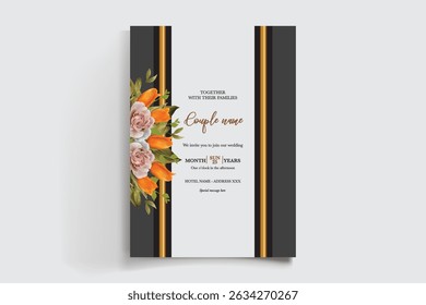 WEDDING INVITATION FRAME WITH FLOWER DECORATIONS AND FRESH LEAVES