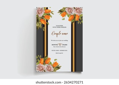WEDDING INVITATION FRAME WITH FLOWER DECORATIONS AND FRESH LEAVES